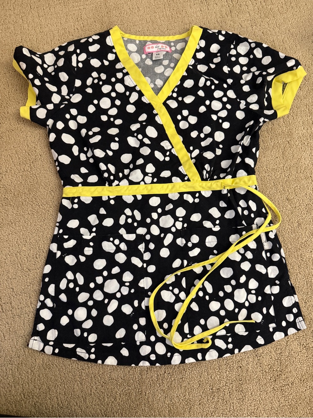 koi Black and White Polka Dot Scrub Top with Yellow Trim